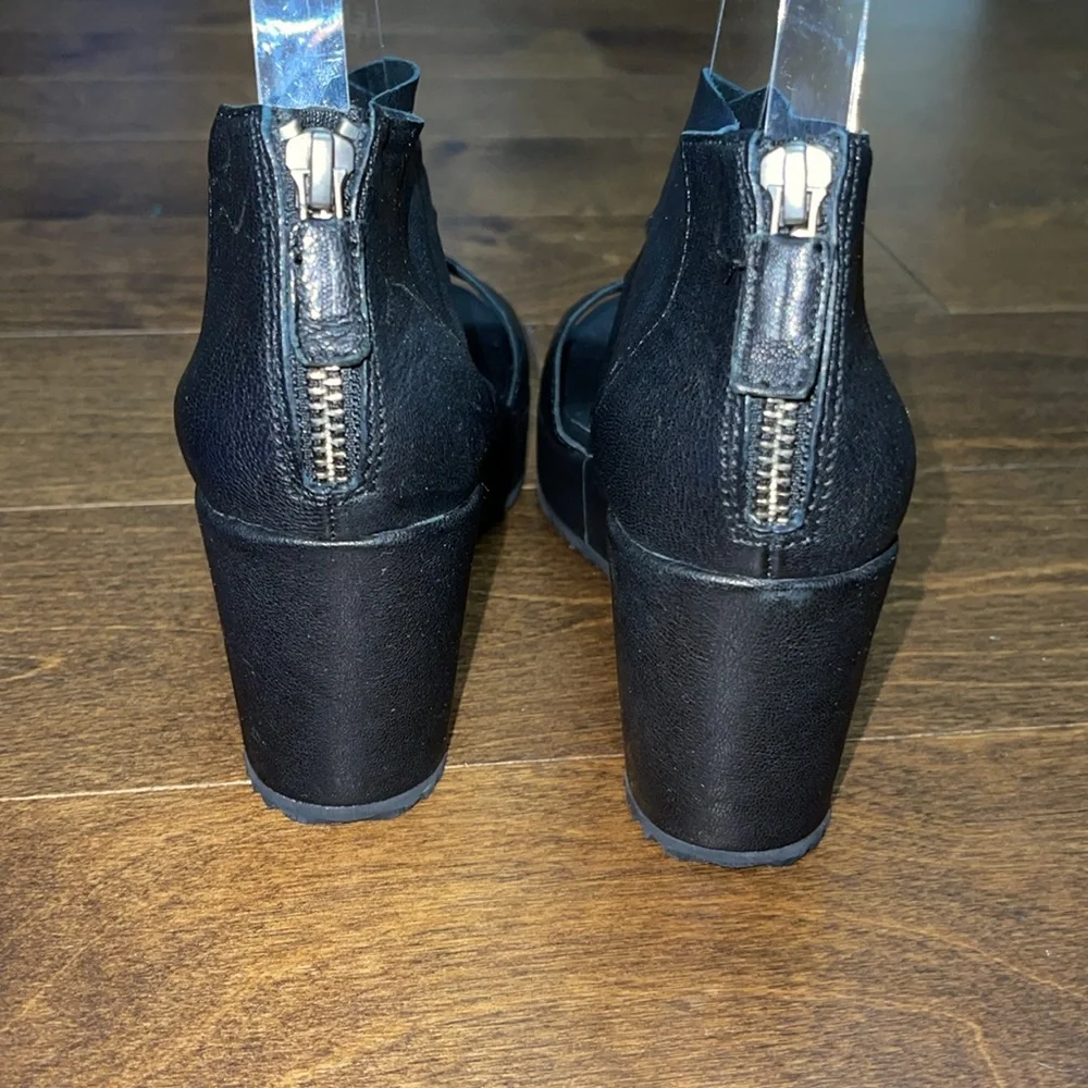 Eileen Fisher Black Leather Crisscross Wedge Sandals
